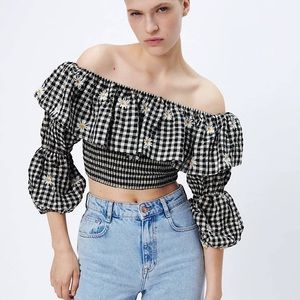 Zara Gingham Checkered Daisy Floral Off the Shoulder Retro Bohemian Crop Top New